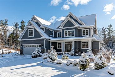 Beautiful grey home with white trim and garage in the snow, winter in New England on a sunny day with blue sky