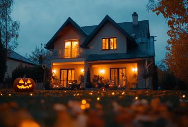Luxury home in autumn at night decorated for Halloween