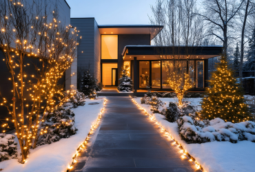 Contemporary home exterior decorated with glowing string lights along the pathway and on trees