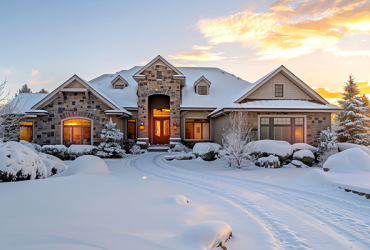 A picturesque winter scene of a large house with snow-covered surroundings at sunset