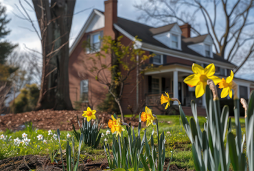 suburban farmhouse in early spring, with budding trees and daffodils blooming in the front yard