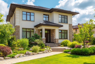 Suburban luxury residence with green lawn garden